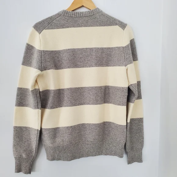 JACK SPADE Men MED Cream Gray Wide Stripe Sweater Wool Blend Crew Preppy Neutral